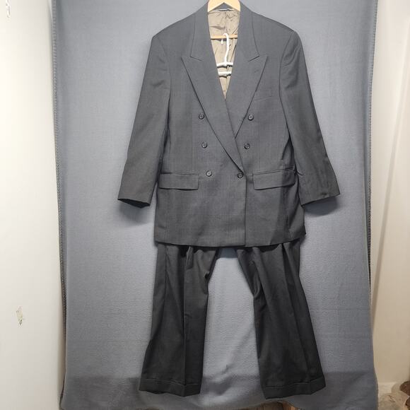 Vtg 90s Suit Double Breasted Peak Collar Pleated Cuffed Pants Wool 44R W32 L29
